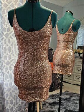 Fashion Nova Rose Gold Sequin Stretch Mini Dress – Size S